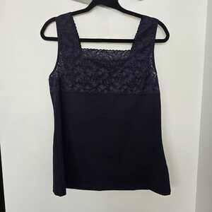 CJ Banks Women's Navy Lace Cami Size L Square Neck Tank Top Jersey Knit